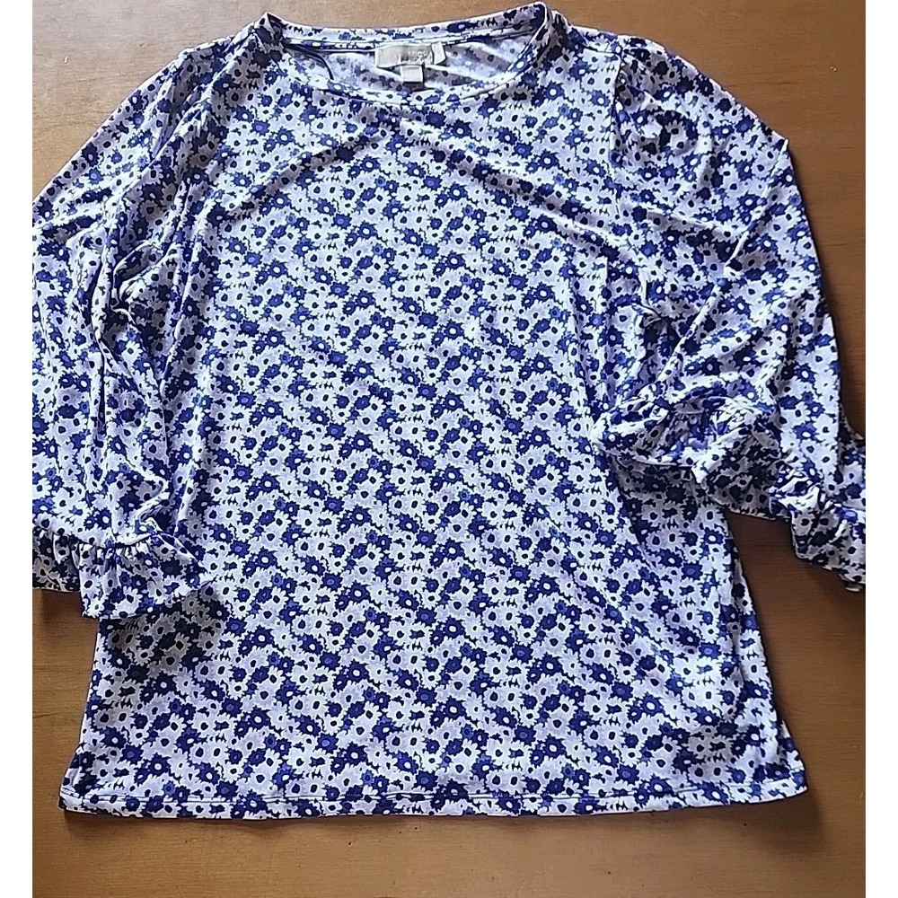Michael Kors Blue Floral Bell Sleeve 3/4 Sleeve Blouse, Top Size Large